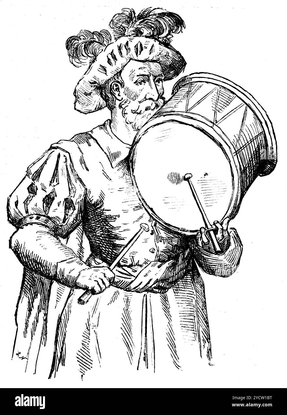 Ältere drm-Spieler im Kostüm, Geschichte der deutschen Musik, historische Illustration 1892 Stockfoto