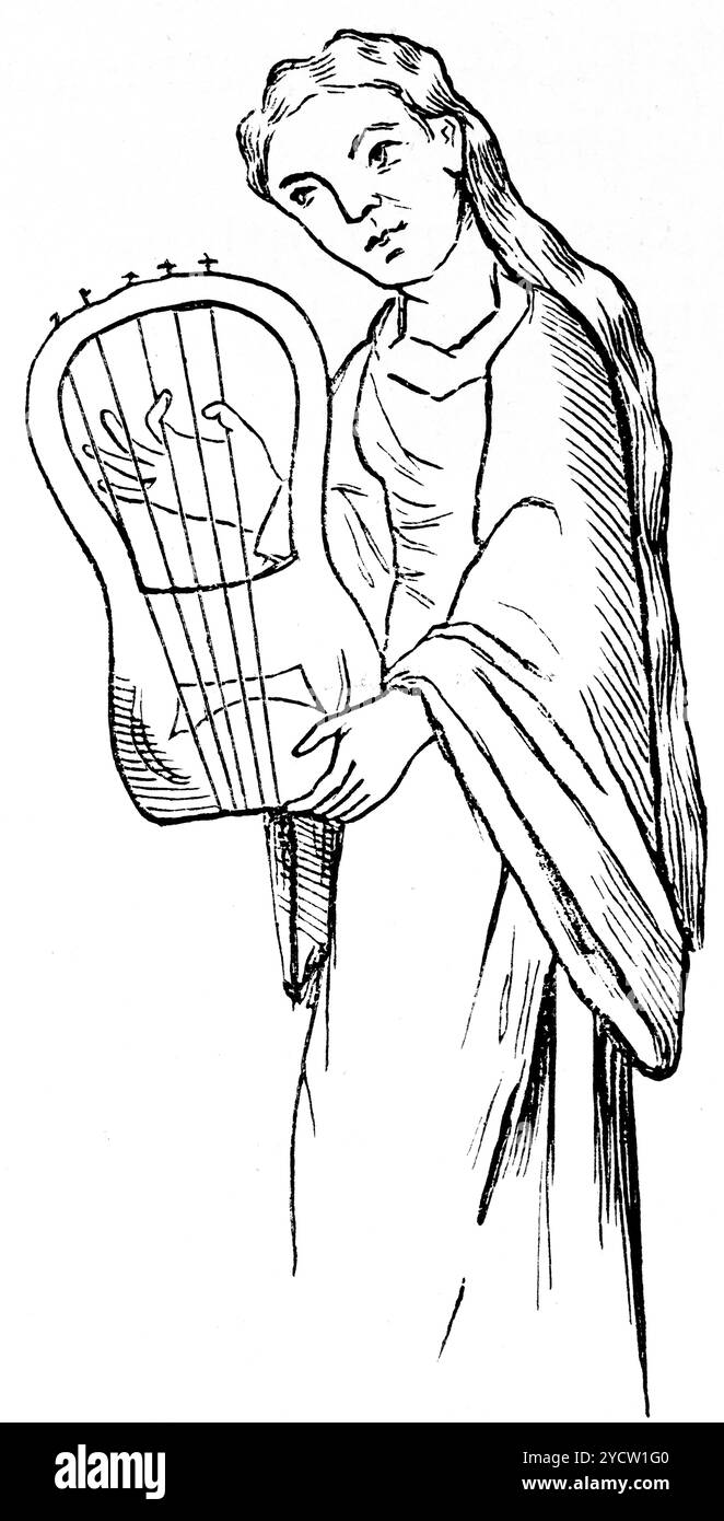 Historische Harfe namens Cythara teutonica mit sieben Streichern, erwähnt in einem Skript von St. Blasien, Geschichte der deutschen Musik, Lustration 1892 Stockfoto Historische Harfe namens Cythara teutonica mit sieben Streichern, erwähnt in einem Skript von St. Blasien, Geschichte der deutschen Musik, Lustration 1892 Stockfoto