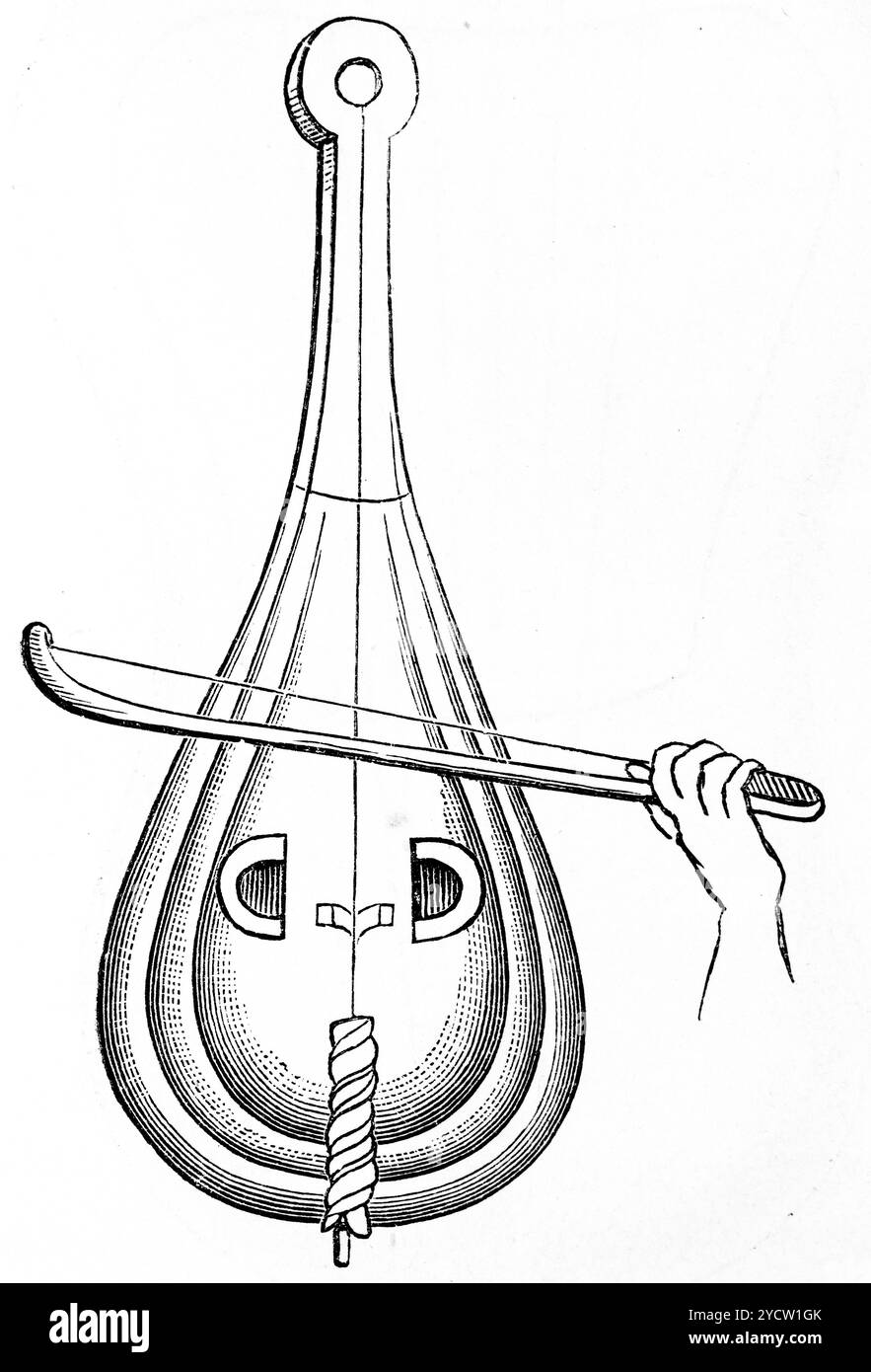 Eine Leier des 8. Jahrhunderts mit einer Saite, Bogen und Hand, die das Streichinstrument spielt, Geschichte der deutschen Musik, historische Illustration 1892 Stockfoto