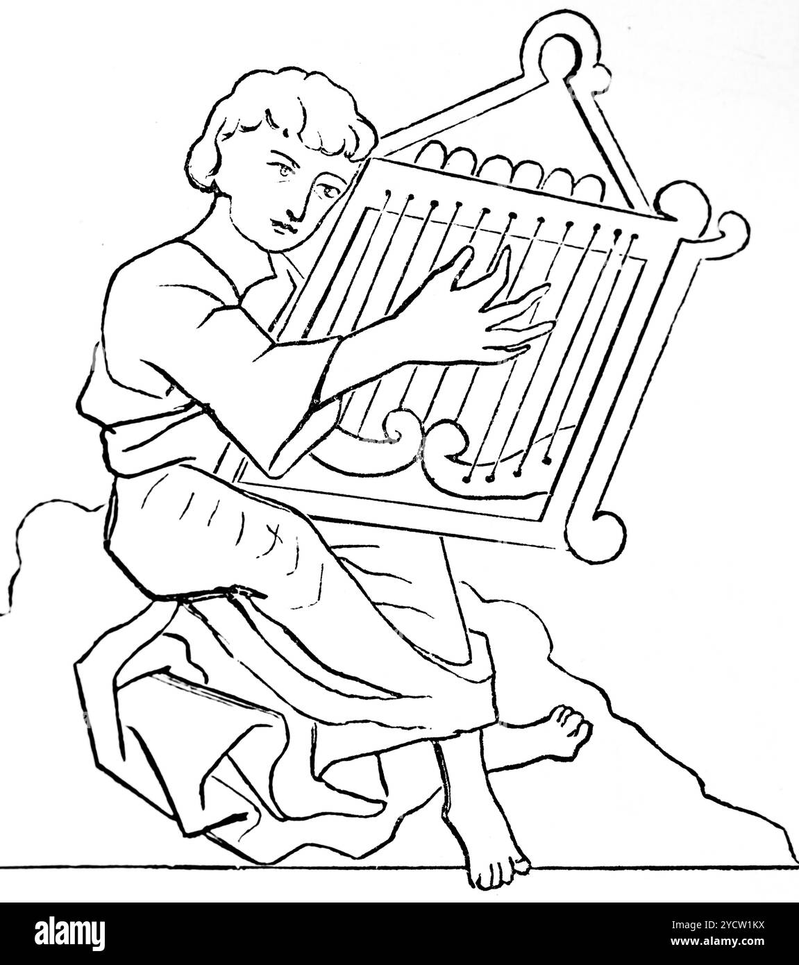 Psalterion spielen, ein Streichinstrument, ähnlich einer säurehaltigen Rahmenharfe, 10. Und 11. Jahrhundert, Geschichte der deutschen Musik, historische Illustration 1892 Stockfoto