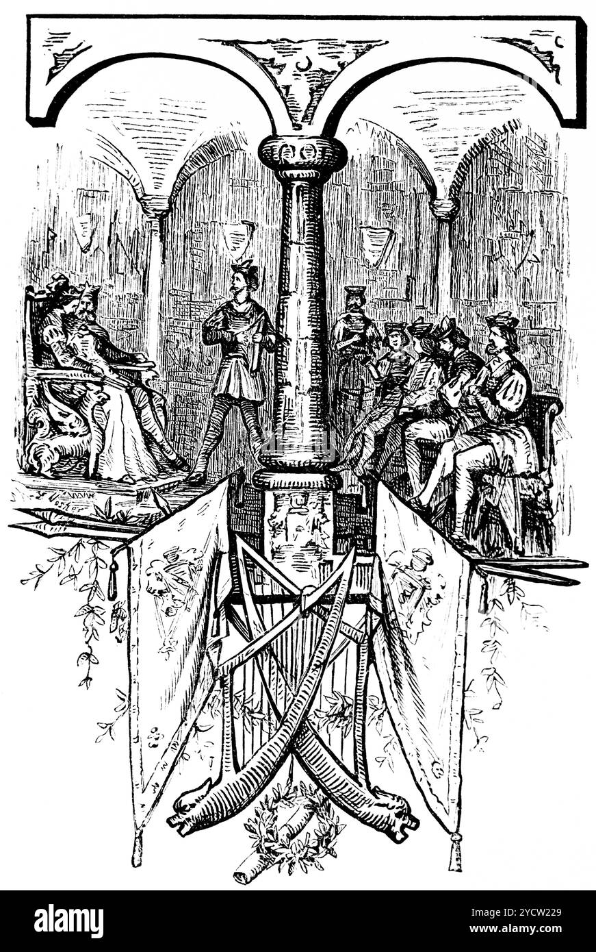 Großbuchstabe T, das ein Buchkapitel über Zigeuner, Szene eines Adelshauses, Geschichte der deutschen Musik, historische Illustration 1892 aufführt Stockfoto