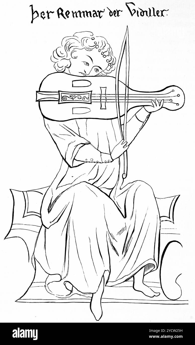 Remmar der Geiger (f1182–1217) spielt in Adelshäusern und oder begleitet Minnesinger, Zeichnung aus dem Codex Manesse, historische Illustration 1892 Stockfoto