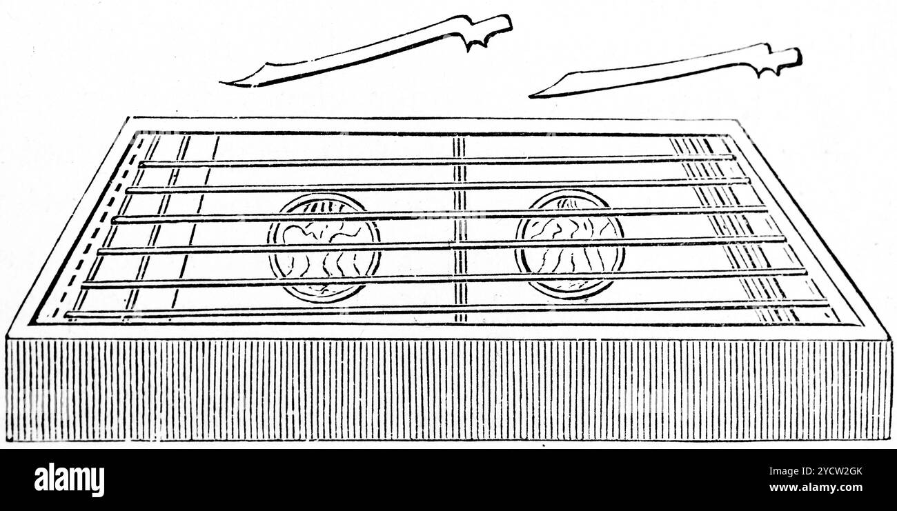 Ein sogenanntes Hackebtrett oder Hackbrett, gespielt bereits im 9. Jahrhundert, historische Illustratin 1892 Stockfoto