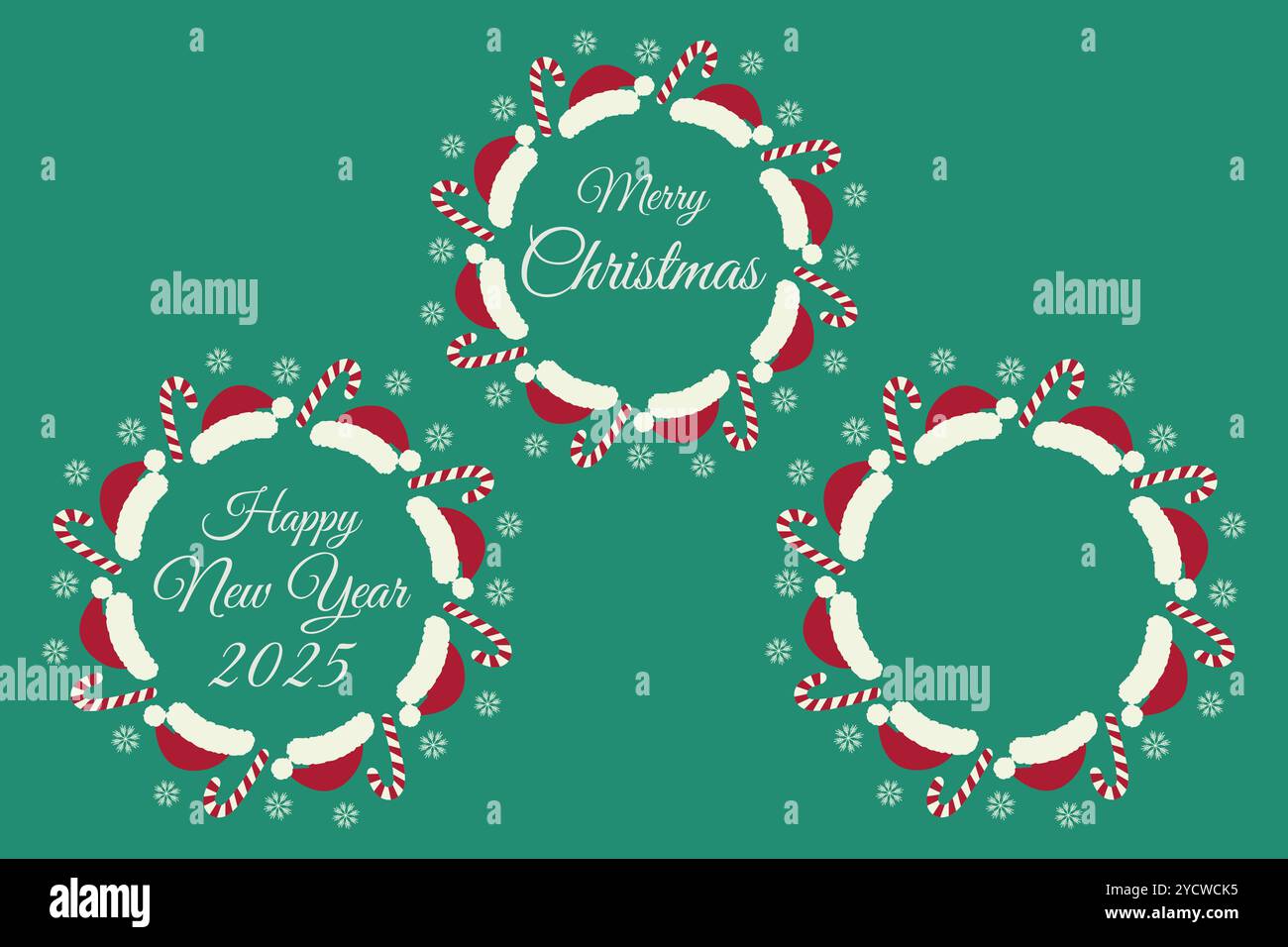 Frohe Weihnachten, Happy New Year Round Frames mit Inschriften, Zuckerrohr und Schneeflocken und Vorlage mit Kopierraum. Set mit 3 isolierten Vektor-Illustrationskarten, Poster, Prospekt, Etikett oder Web-Werbeaktion Stock Vektor