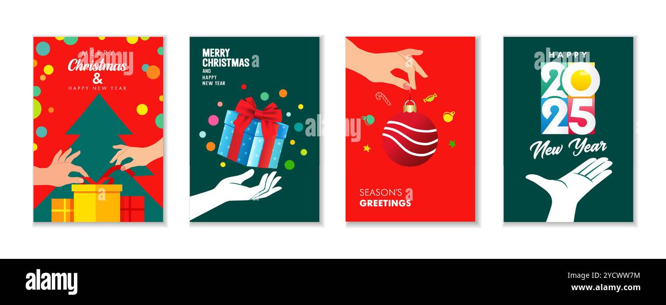 Frohe Weihnachten und Happy New Year 2025 Set mit Grußkarten in farbigem Design. Silvester-Cover-Vorlagen mit Geschenken und Weihnachtsbaum, Hand und Geschenkbox Stock Vektor
