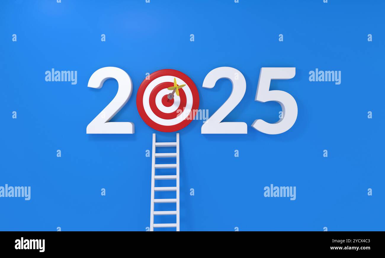 Kreatives Konzept für 2025 mit einem Bullseye als „0“ mit einem Pfeil, der in die Mitte schlägt und Ziele und Erfolge symbolisiert. Eine Leiter beugt sich gegen Th Stockfoto