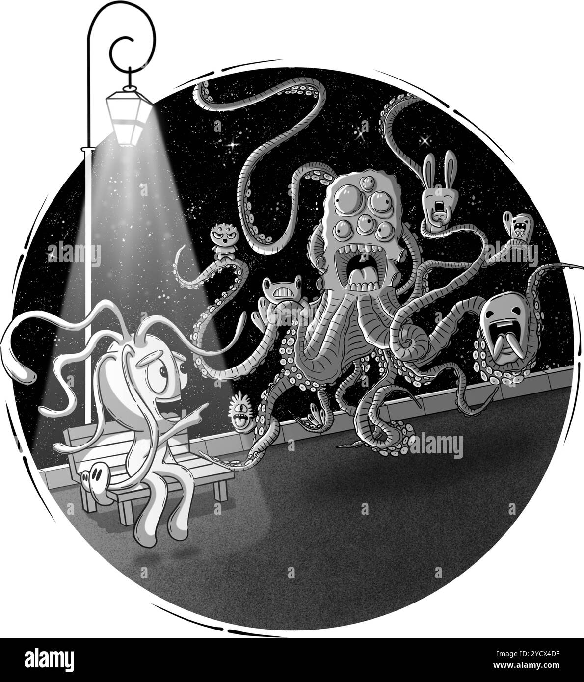 Lustige Doodle-Charaktere, Angst-Thema Digitale Illustration. Stockfoto