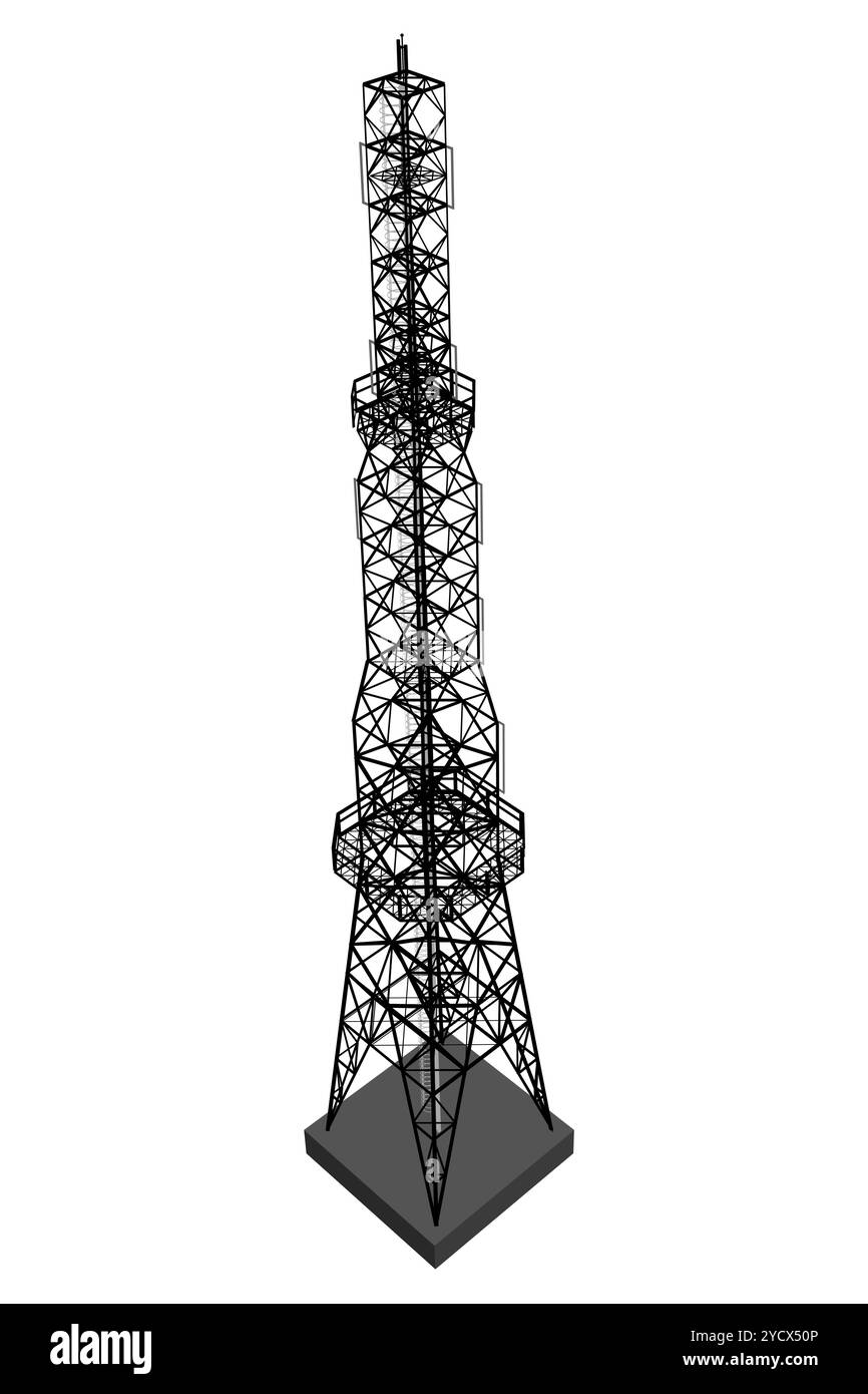 Antennenübertragung Kommunikationsturm Vektor-Hintergrundkonzept. Zellturm-Silhouette isoliert auf weißem Hintergrund. Vektorabbildung Stock Vektor