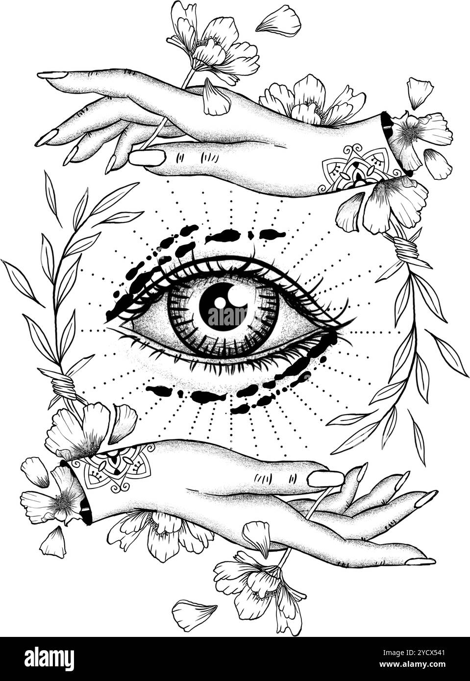 Symbol des dritten Auges. Mystische und spirituelle Illustration mit Frauenhänden und süßen Blumen. Stockfoto