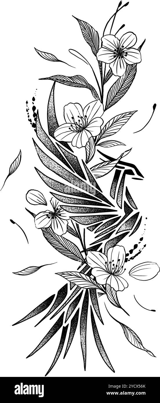 Schwarz-weiße Illustration eines handgezeichneten phönix mit Blumen Stockfoto