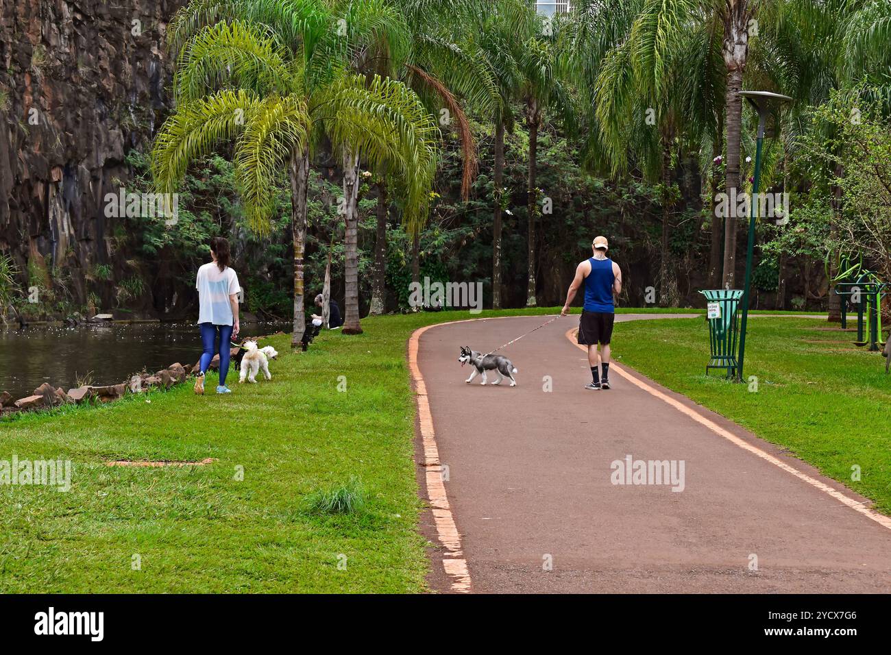 RIBEIRAO PRETO, SAO PAULO, BRASILIEN - 17. April 2023: Menschen gehen mit ihren Hunden im öffentlichen Park Stockfoto