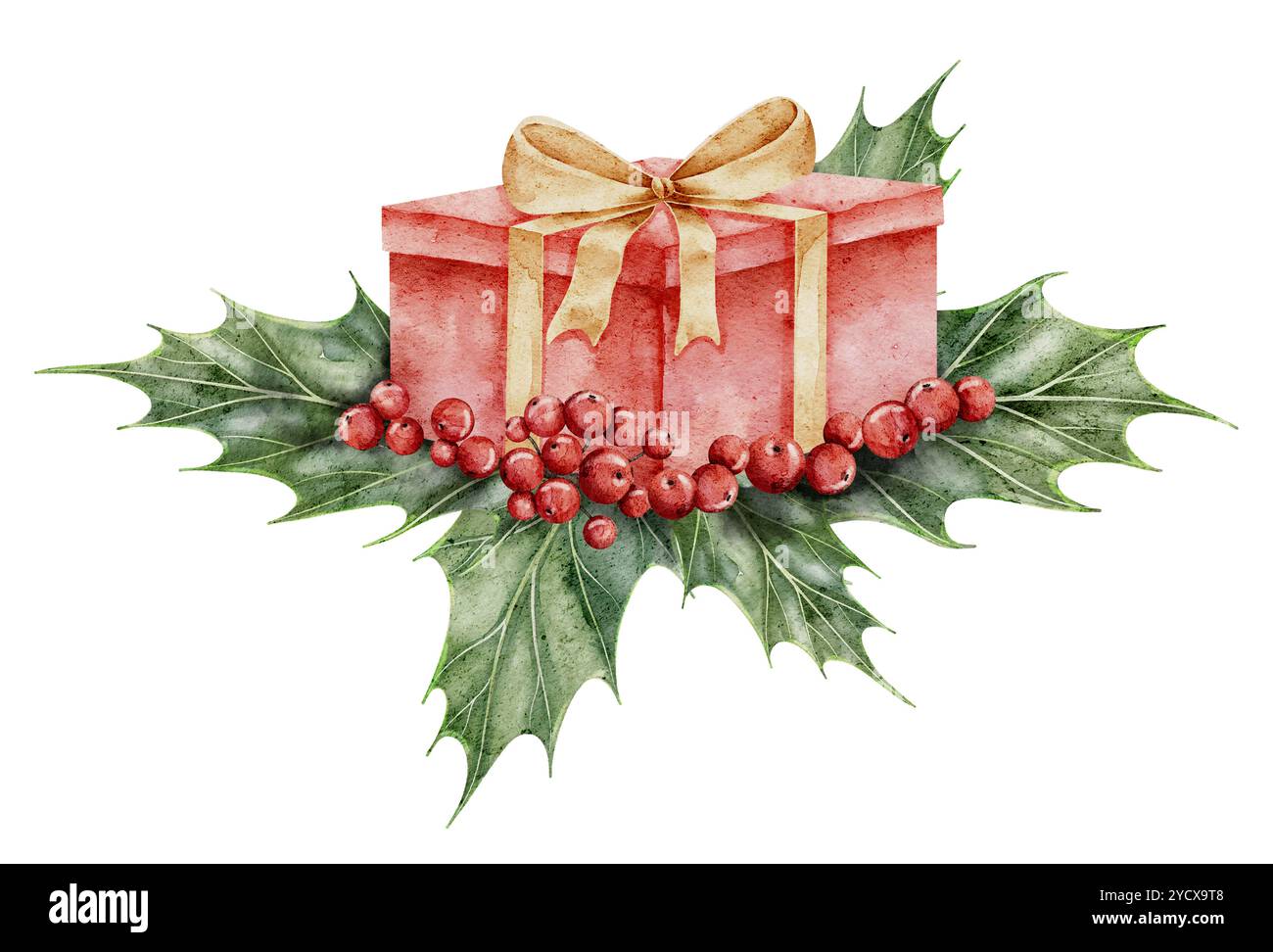 Geschenk mit goldenem Band, umgeben von stechpalmenbeeren und grünen Blättern. Aquarellillustration von roter Geschenkbox und Weihnachtspflanzen für Weihnachtsgrußkarten oder Neujahrsparty-Einladungen. Stockfoto