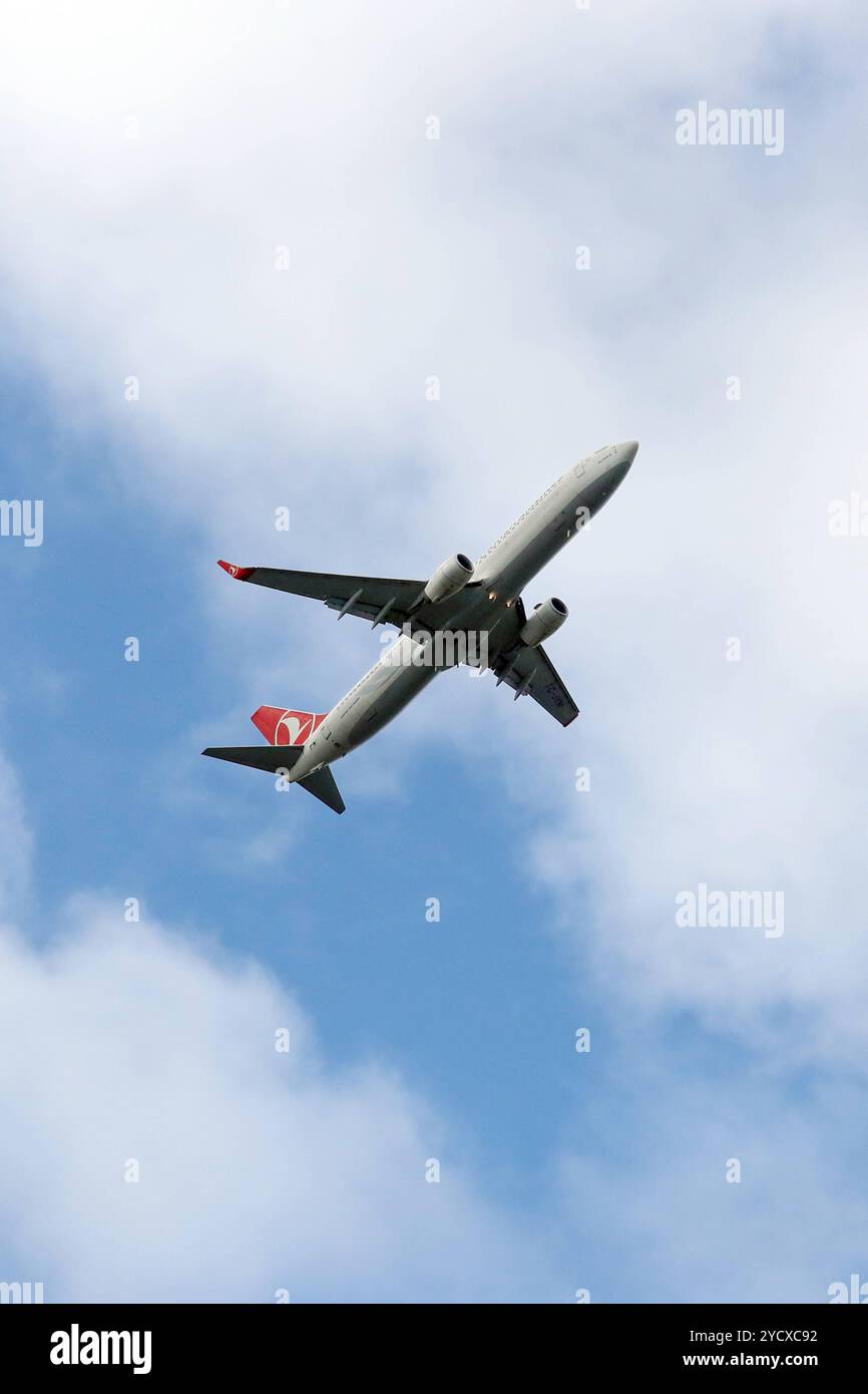 29.09.2024, Hannover, Niedersachsen, DE - Flugzeug der Turkish Airlines im Steigflug. Airline, aufwaerts, aussen, Aussenaufnahme, deutsch, Deutschland, Europa, europaeisch, Fernreise, fliegen, Flieger, Flug, Flugbetrieb, Fluggesellschaft, Fluglinie, Flugreise, Flugtechnik, Flugverkehr, Flugzeug, Freisteller, Hannover, HF, Himmel, Hochformat, in der Luft, Jet, Luftfahrt, Luftfahrtgesellschaft, Luftfahrtunternehmen, Luftverkehr, Maschine, nach oben, Niedersachsen, Passagierflugzeug, Passagiermaschine, Reise, Steigflug, Tourismus, Transport, Tuerkei, Tuerkisch, Turkish Airlines, Verkehr, Verkehr Stockfoto