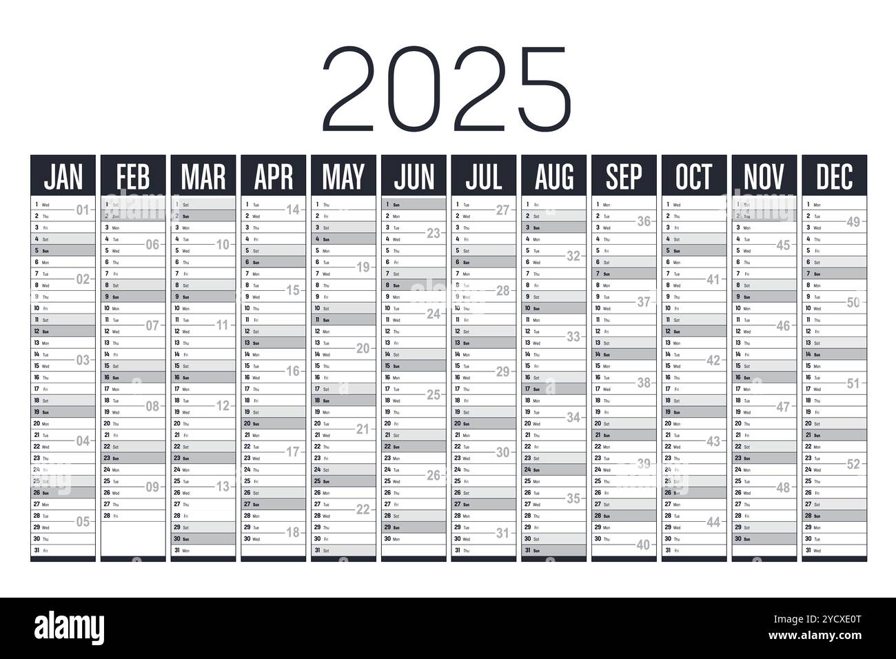 Horizontaler Kalender für Schwarzweiß 2025, englische Sprache, Vektorvorlage Stock Vektor