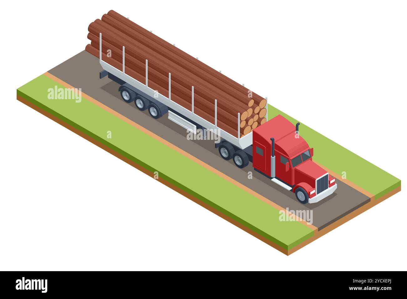 Isometrischer Lkw mit Anhänger mit Baumstämmen. Ein leistungsstarker Sattelauflieger mit einem großen Sattelzugwagen transportiert ein Bündel Baumstämme auf einem speziellen Anhänger Stock Vektor