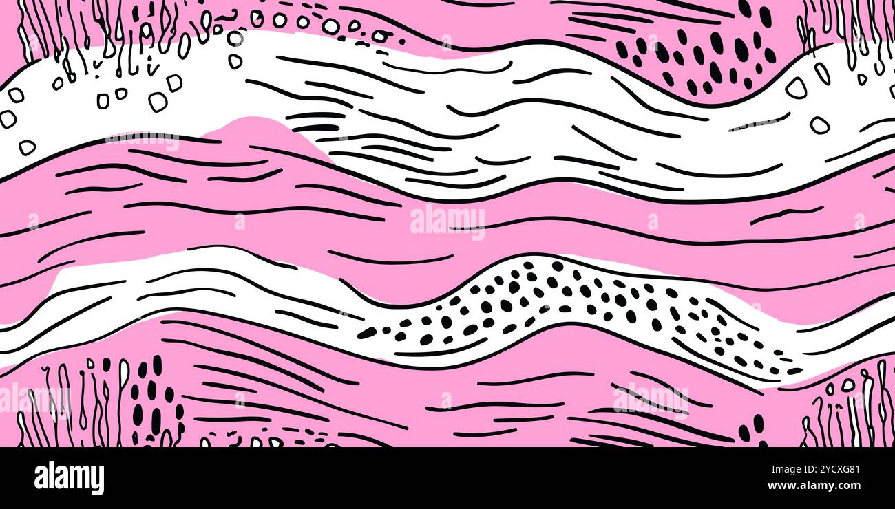 Sanfte Wellen in Rosa und weiß vermischen sich mit schwarzen Linien und Punkten und schaffen ein beruhigendes abstraktes Design, das perfekt für moderne Dekorationen oder Kunstprojekte geeignet ist Stockfoto