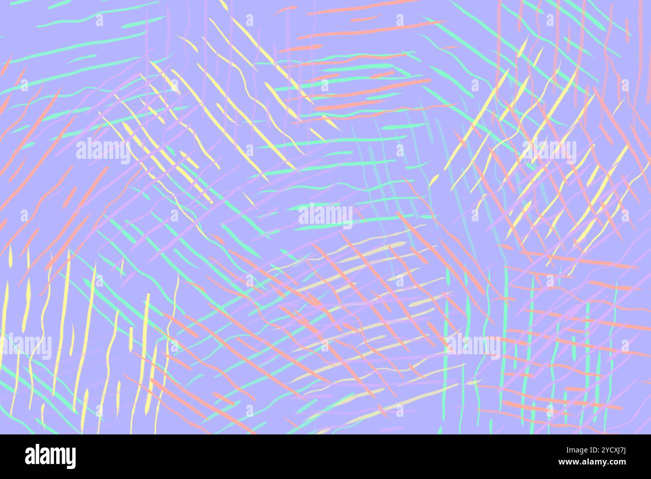 Eine lebendige und farbenfrohe abstrakte Illustration mit leuchtenden Scribble-Linien auf einem pastelllila Hintergrund, perfekt für kreative Projekte. Stockfoto