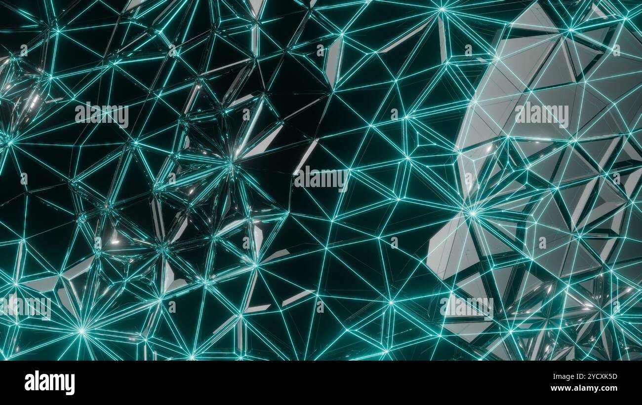 Eine digitale abstrakte 3D-Illustration, die ein komplexes Netzwerk aus miteinander verbundenen Linien und Knoten in einem leuchtenden grünen Farbton darstellt und eine Futuris unterstreicht Stockfoto