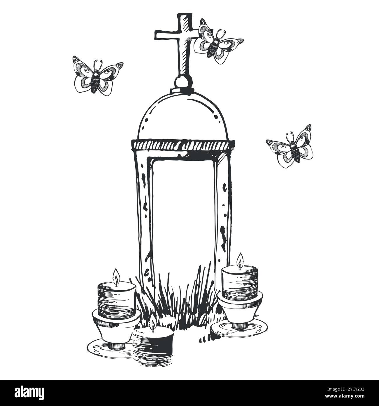 Friedhof, Grabstein mit einem Kreuz und brennenden Kerzen darunter, Falter fliegen um das Kreuz. Halloween. Alle Objekte werden mit Tinte und handgezeichnet Stock Vektor