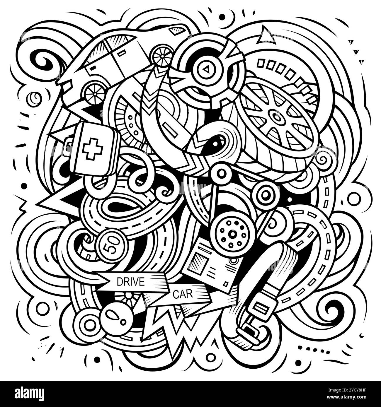 Autom. Service Cartoon-Vektor-Illustration. Skizzenhafte, detaillierte Komposition mit vielen Objekten und Symbolen im Automobilbereich Stock Vektor