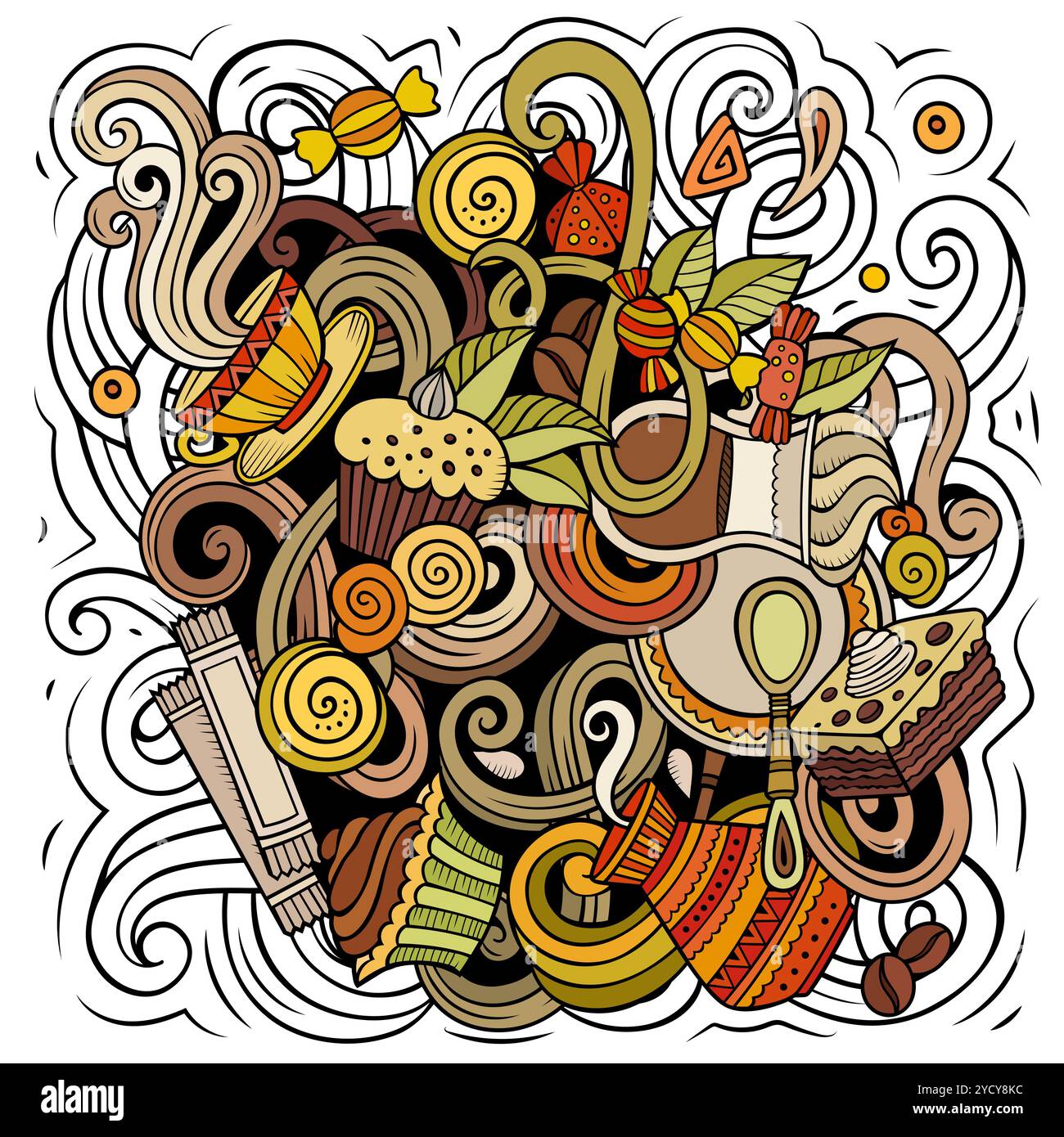 Cafe Hand gezeichnete Vektor-Kritzelillustration. Kaffeedesign. Teezeit Elemente und Objekte Zeichentrickhintergrund. Buntes, lustiges Bild Stock Vektor