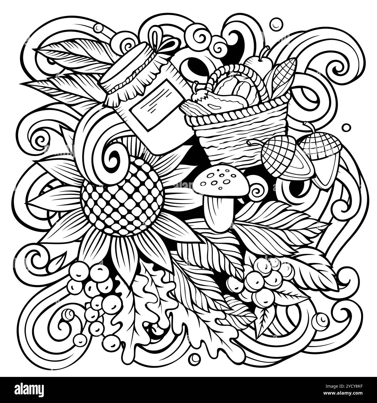 Herbst-Cartoon-Vektor-Kritzelillustration. Handgezeichnetes Herbstdesign. Hintergrund für Elemente und Objekte der Saison. Skurriles, lustiges Bild Stock Vektor
