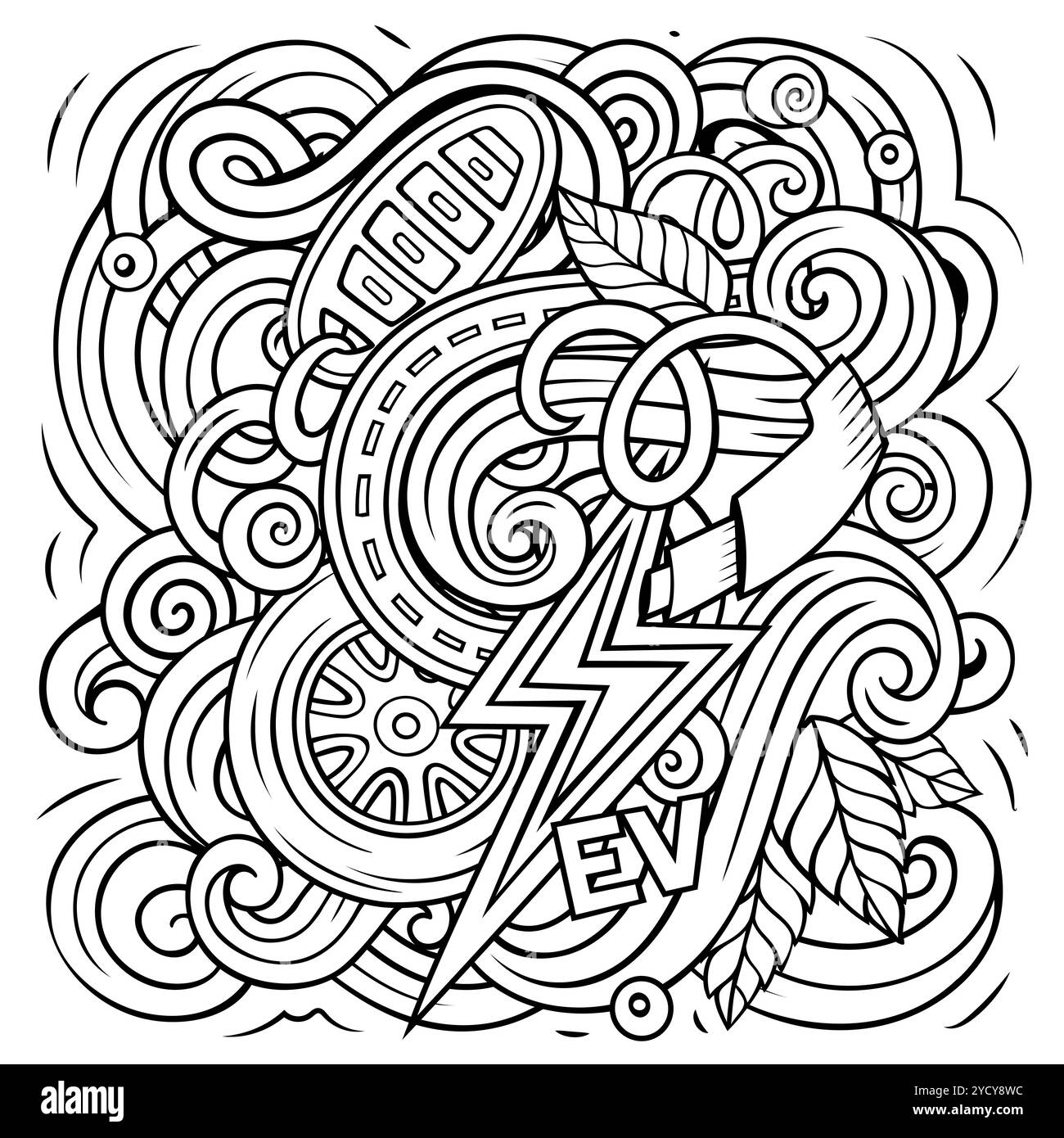 Elektrische Autos Cartoon Vektor Kritzeldesign. Linienkunst detaillierte Komposition mit vielen Öko-Transportobjekten und Symbolen Stock Vektor