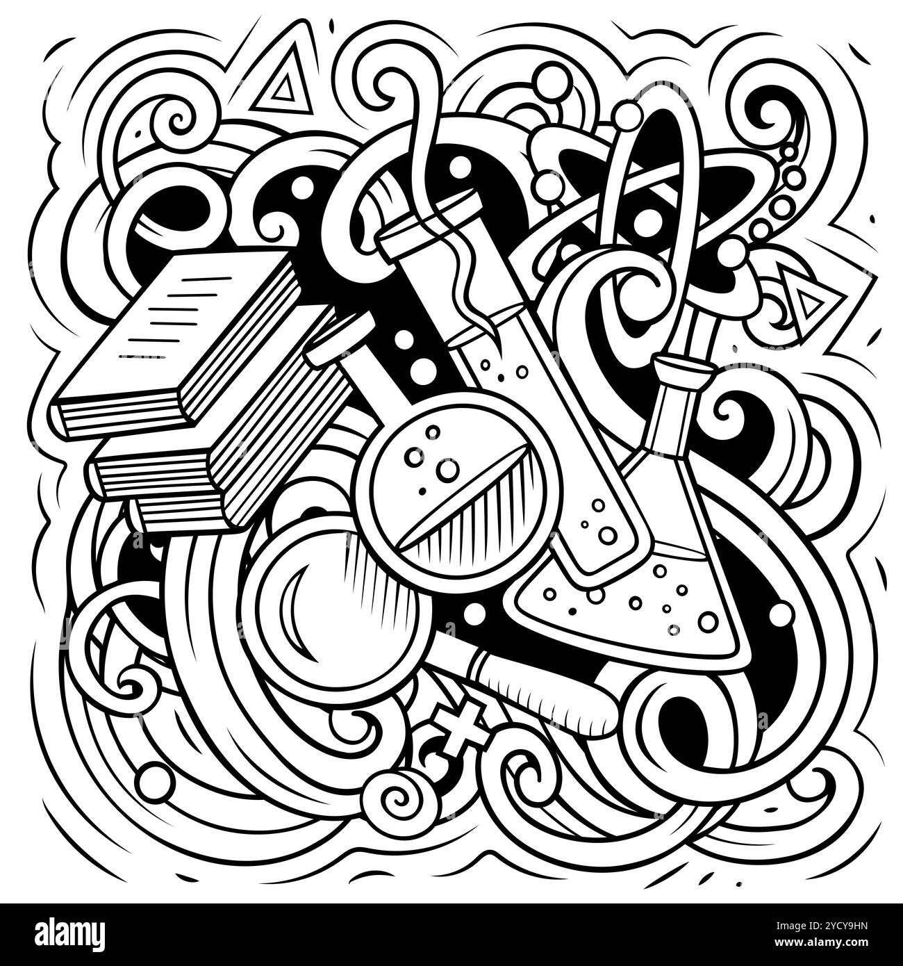 Science Cartoon Vektor Doodle Design. Skizzenhafte detailreiche Komposition mit vielen wissenschaftlichen Objekten und Symbolen. Alle Elemente sind getrennt Stock Vektor