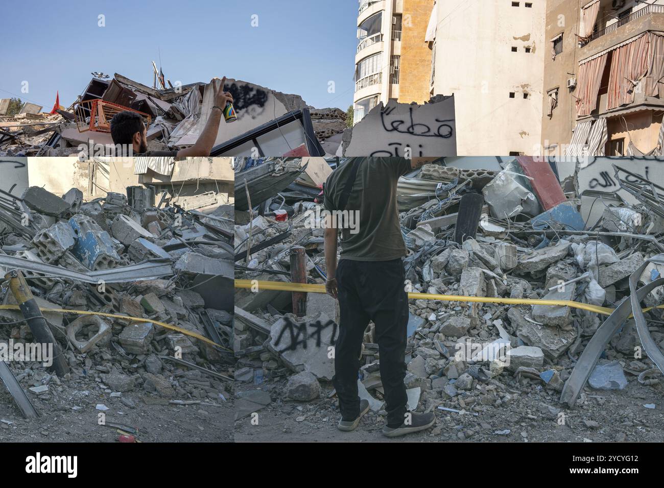 Ghobeiry, Libanon. Oktober 2024. Ein Mann gibt Gesten mit einem Friedenszeichen vor den Trümmern eines zerstörten Gebäudes, das am 22. Oktober durch eine israelische Rakete gestürzt wurde. Der Krieg zwischen Israel und der Hisbollah hat nach Angaben der libanesischen Behörden bereits mehr als 2.400 Menschen das Leben gekostet und 1,2 Millionen zur Flucht aus ihren Häusern gezwungen. (Credit Image: © Ximena Borrazas/SOPA images via ZUMA Press Wire) NUR REDAKTIONELLE VERWENDUNG! Nicht für kommerzielle ZWECKE! Stockfoto