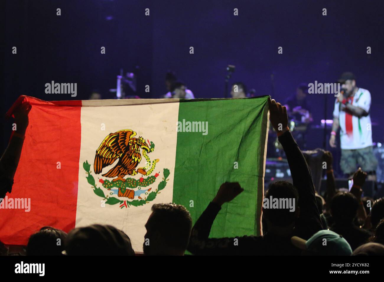 Dallas, Usa. Oktober 2024. Ein Fan hält eine mexikanische Flagge während des Konzerts der mexikanischen Ska-Band Panteon Rococo in der Fabrik in Deep Ellum. Am 18. Oktober 2024 in Dallas, Texas. (Foto: Javier Vicencio/Eyepix/SIPA USA) Credit: SIPA USA/Alamy Live News Stockfoto