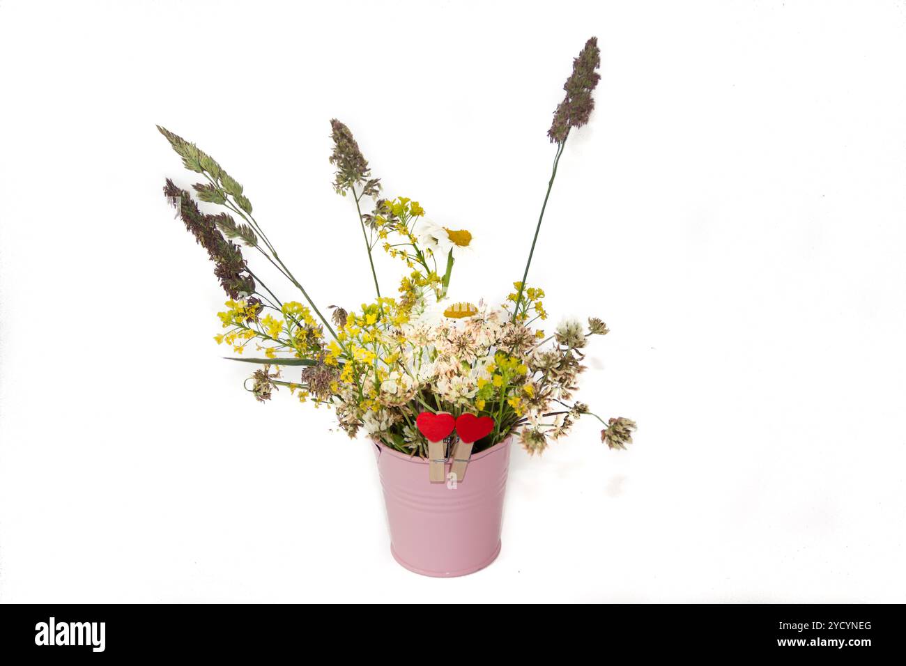 Ein Blumenstrauß aus Wildblumen auf weißem Hintergrund. Sommerstrauß Stockfoto