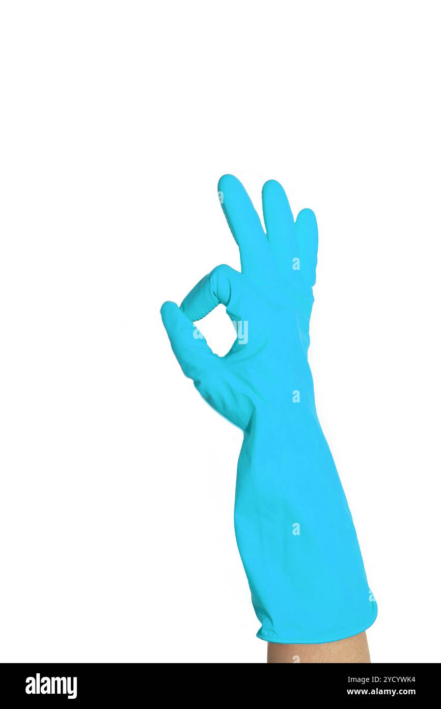 Anzeichen von gelben Gummihandschuhen in Ordnung. Vorbereitung für die Reinigung. Nach der Reinigung die Hände reinigen. Quietschende Leute. Gummihandschuhe an der Hand. Stockfoto