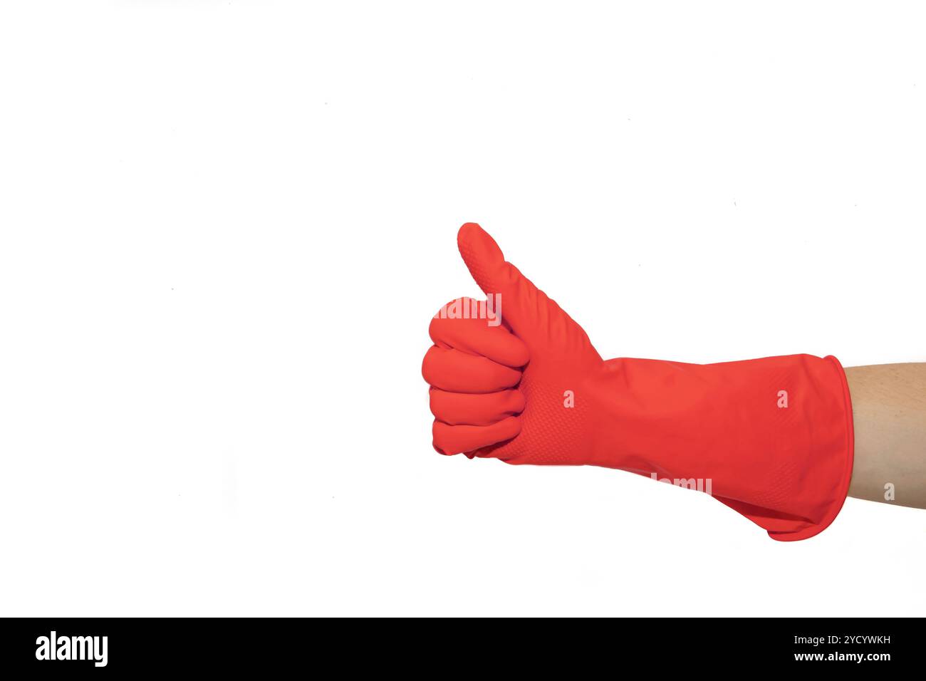 Wie das Abzeichen eines roten Gummihandschuhs. Ziehen Sie das Symbol mit dem Finger nach oben. Isoliert über weißem Hintergrund Stockfoto