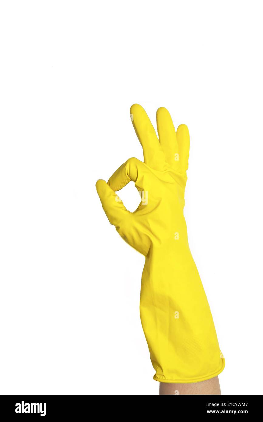 Anzeichen von gelben Gummihandschuhen in Ordnung. Vorbereitung für die Reinigung. Nach der Reinigung die Hände reinigen. Quietschende Leute. Gummihandschuhe an der Hand. Stockfoto