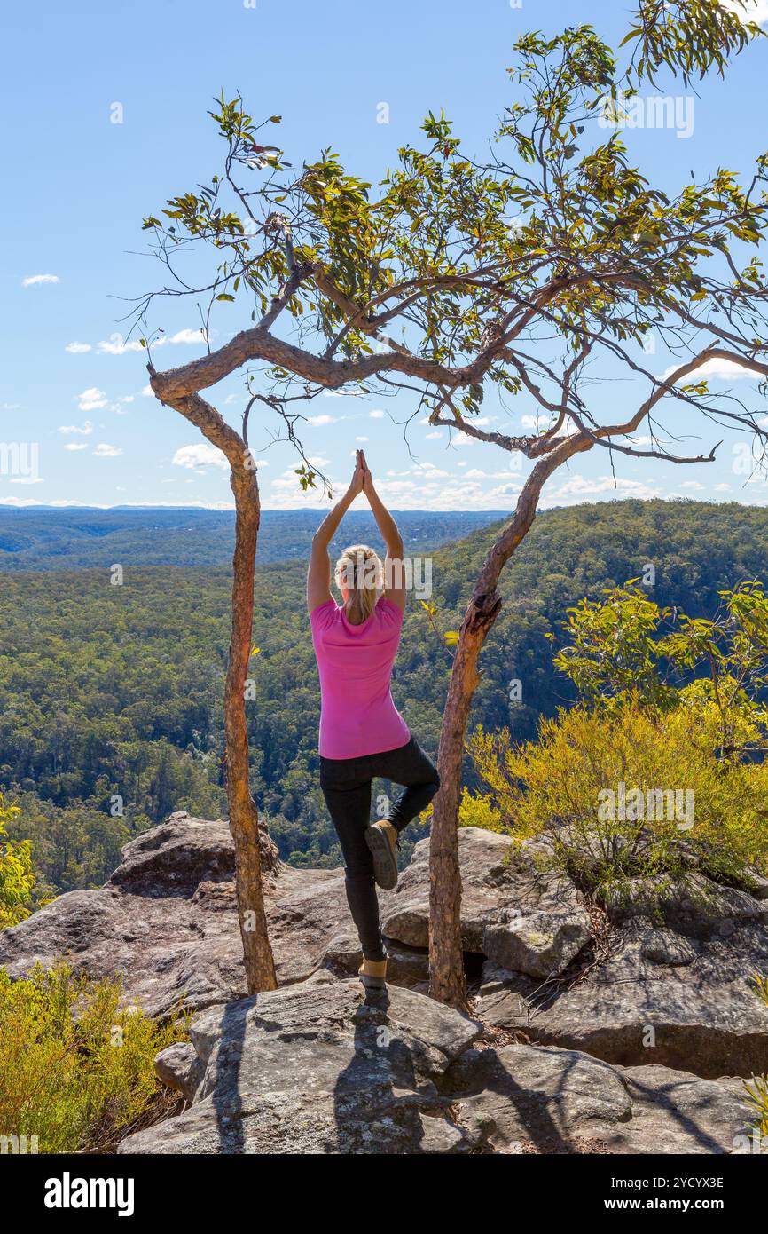 Weibliche Yoga-Asanas in Bergwildnisblick Stockfoto