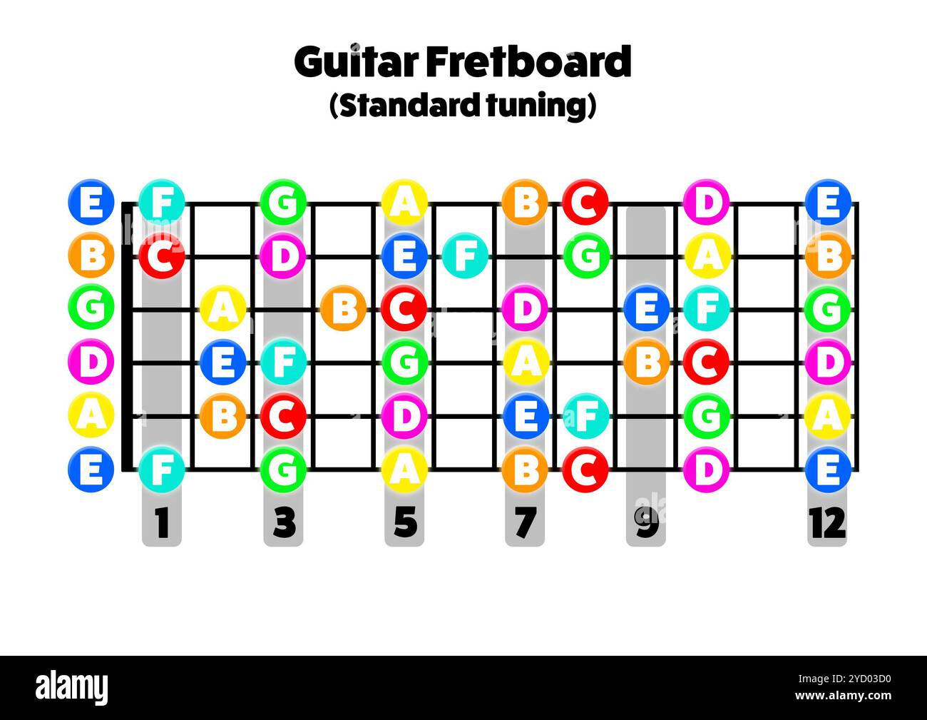 Notizen auf dem Gitarren-Griffbrett. Druckbares A4-Format, Querformat. Für Musikschulen, Lehrer und Schüler, um die Notizen am Hals zu lernen. Stockfoto