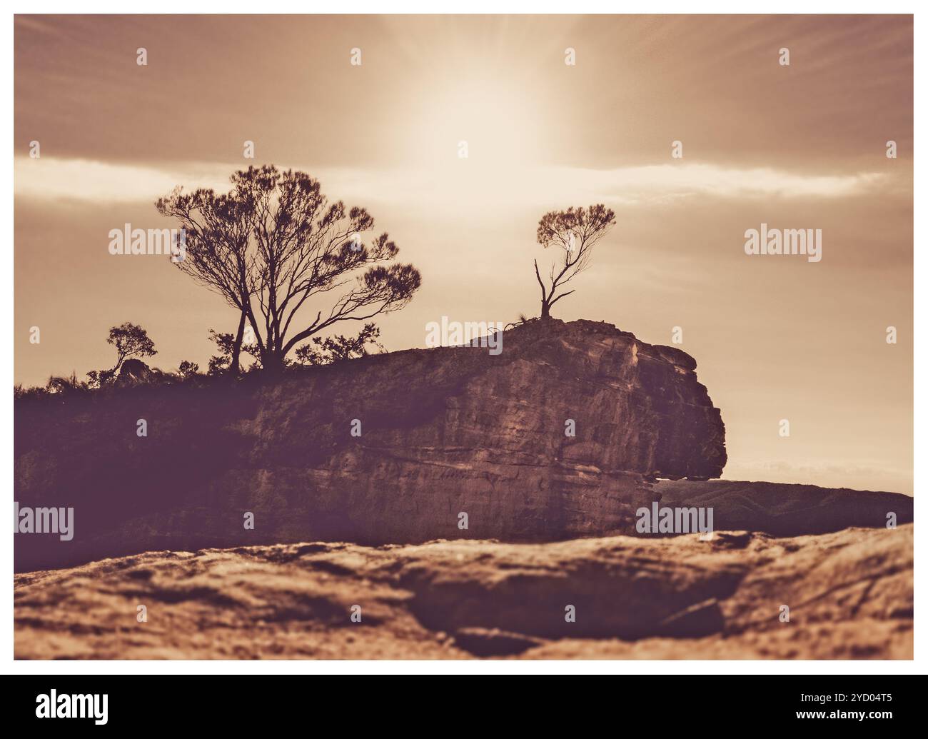 Sunrays hinterleuchten den Hanging Rock in Blackheath, Blue Mountains, Australien. Getöntes Momochrom Stockfoto