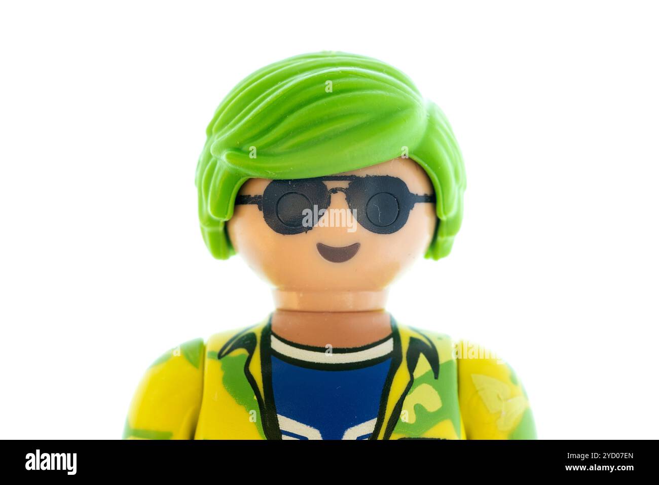 Extreme Nahaufnahme oder Makrofoto einer männlichen Figur von playmobil. Stockfoto