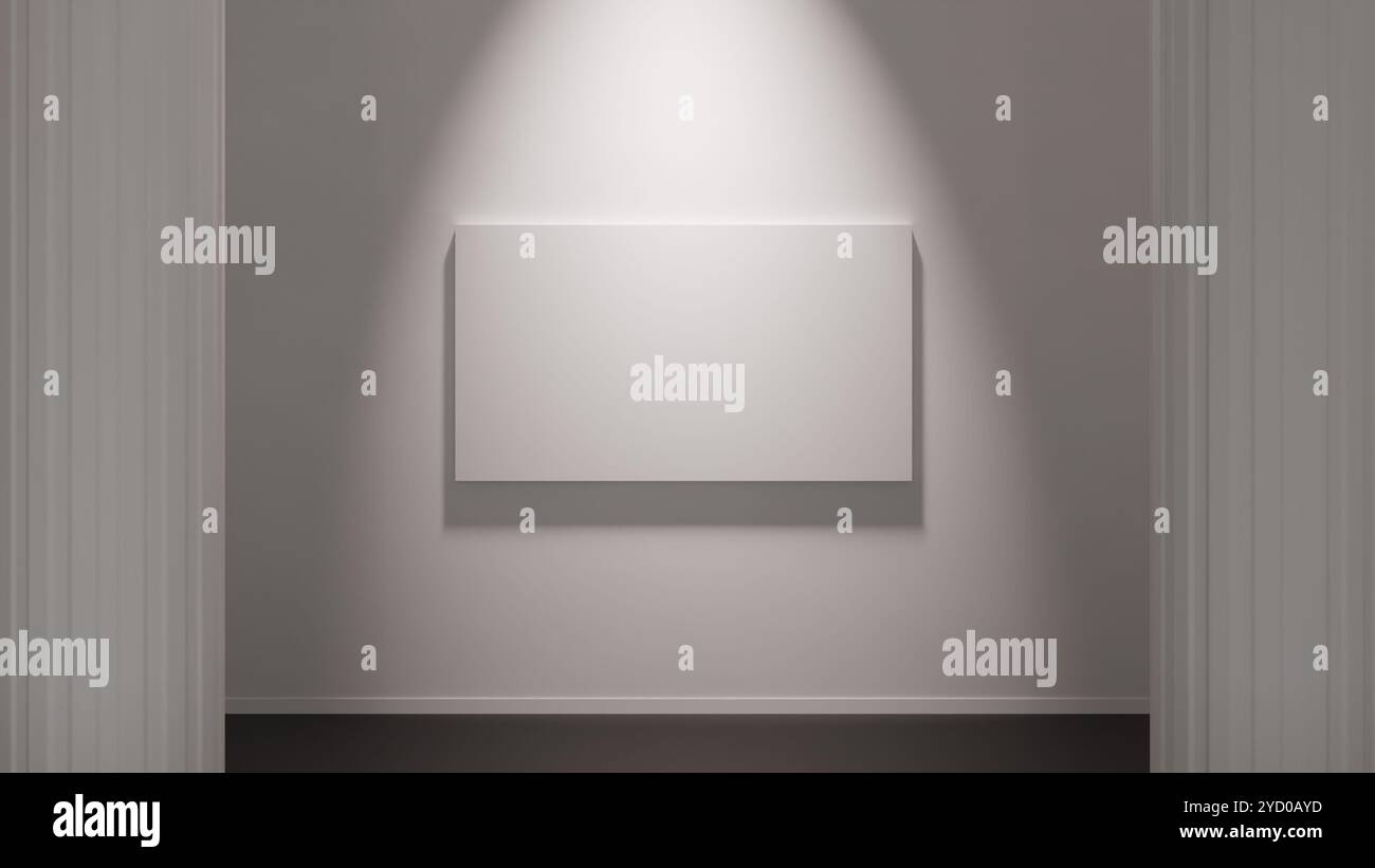 Leere Leinwand in einer minimalistischen Galerie mit klassischen Säulen. Das Bild stellt einen leeren Raum dar, der von Kreativität gefüllt werden kann. Stockfoto