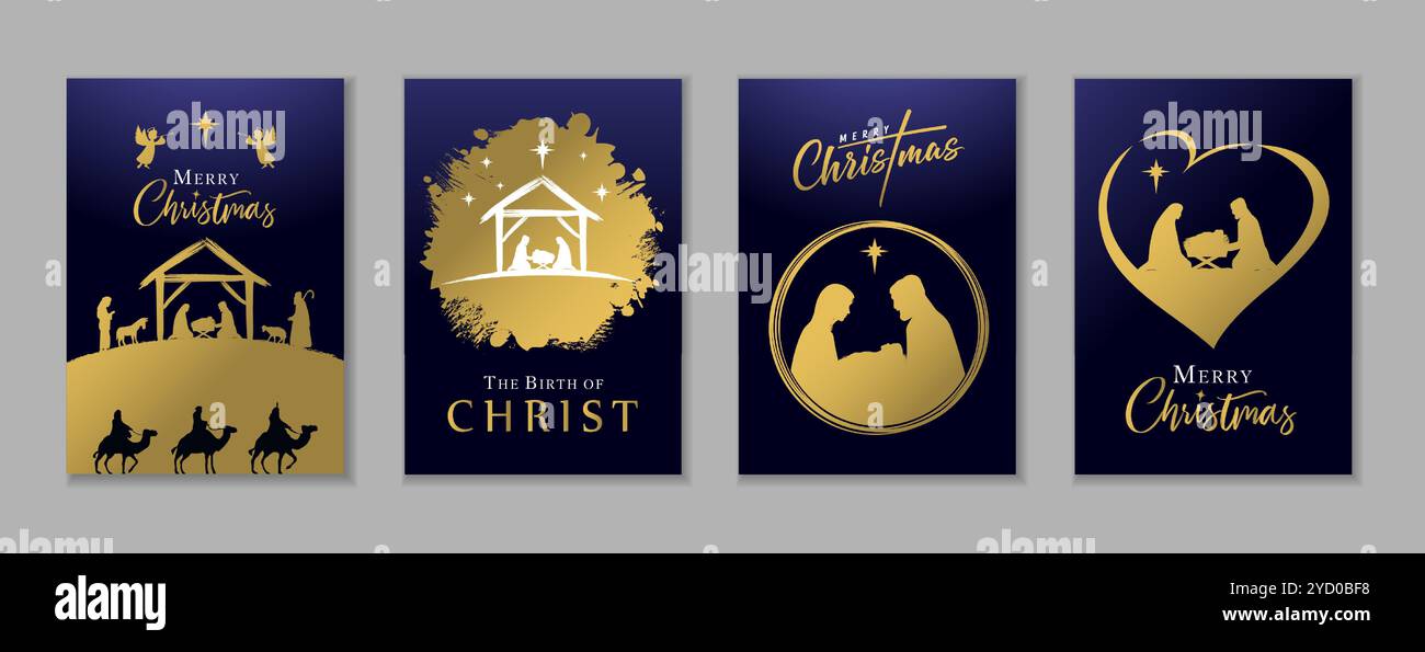 Frohe Weihnachten, Abdeckschablone mit Silhouetten der Heiligen Familie und Krippendekoration. Die Geburt Christi kreative christliche Konzepte für Karten Stock Vektor