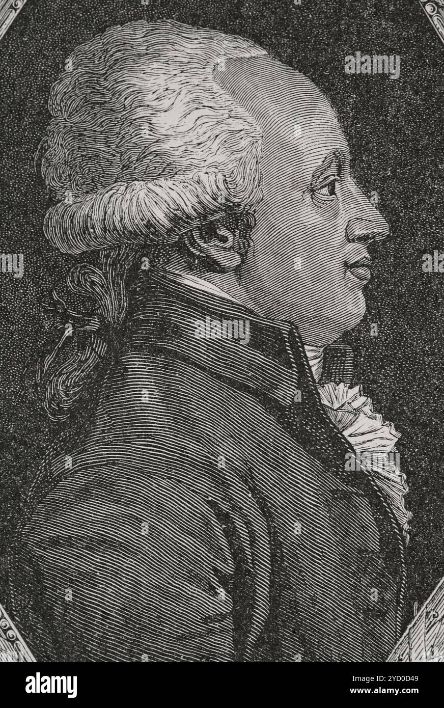 Jean-Francois Reubell (1747-1807). Französischer Politiker und Diplomat. Als konstituierender Abgeordneter des Nationalkonvents (1792–1795), Feuillant (Club des Feuillants) und später Montagnard (La Montagne) unterstützte er den Regizid von König Ludwig XVI. Und den Krieg gegen die erste Koalition. Präsident des Direktoriums der Französischen Republik und Präsident des Direktoriums am 11. November 1795. Hochformat. Stich von Pannemaker. "Geschichte der Französischen Revolution". Band I, 1876. Stockfoto