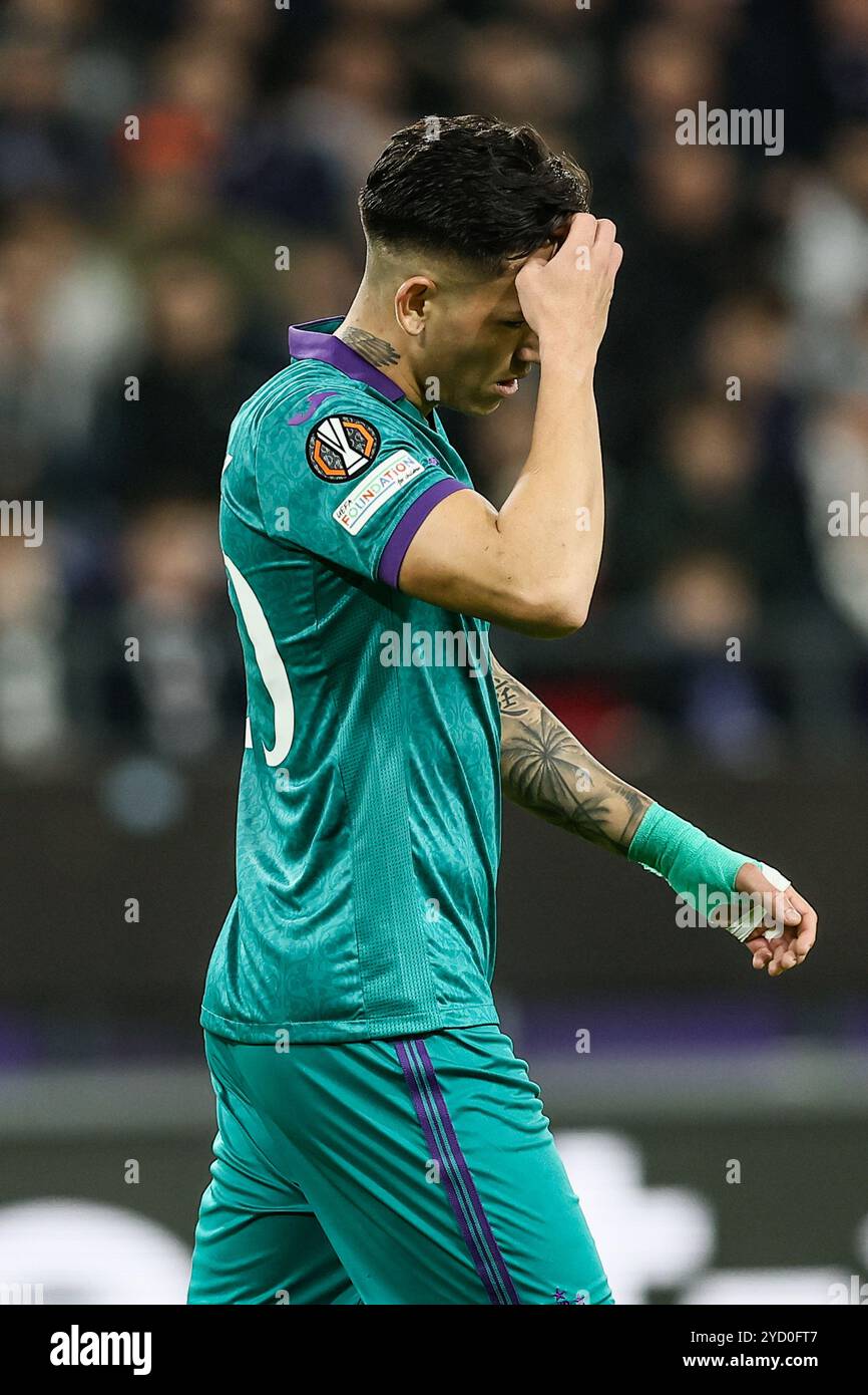 Brüssel, Belgien Oktober 2024. Luis Vazquez von Anderlecht reagiert auf ein Fußballspiel zwischen dem belgischen RSC Anderlecht und dem bulgarischen PFK Ludogorets Razgrad am Donnerstag, den 24. Oktober 2024 in Brüssel, am dritten Tag der League-Phase des Turniers der UEFA Europa League. BELGA FOTO BRUNO FAHY Credit: Belga News Agency/Alamy Live News Stockfoto