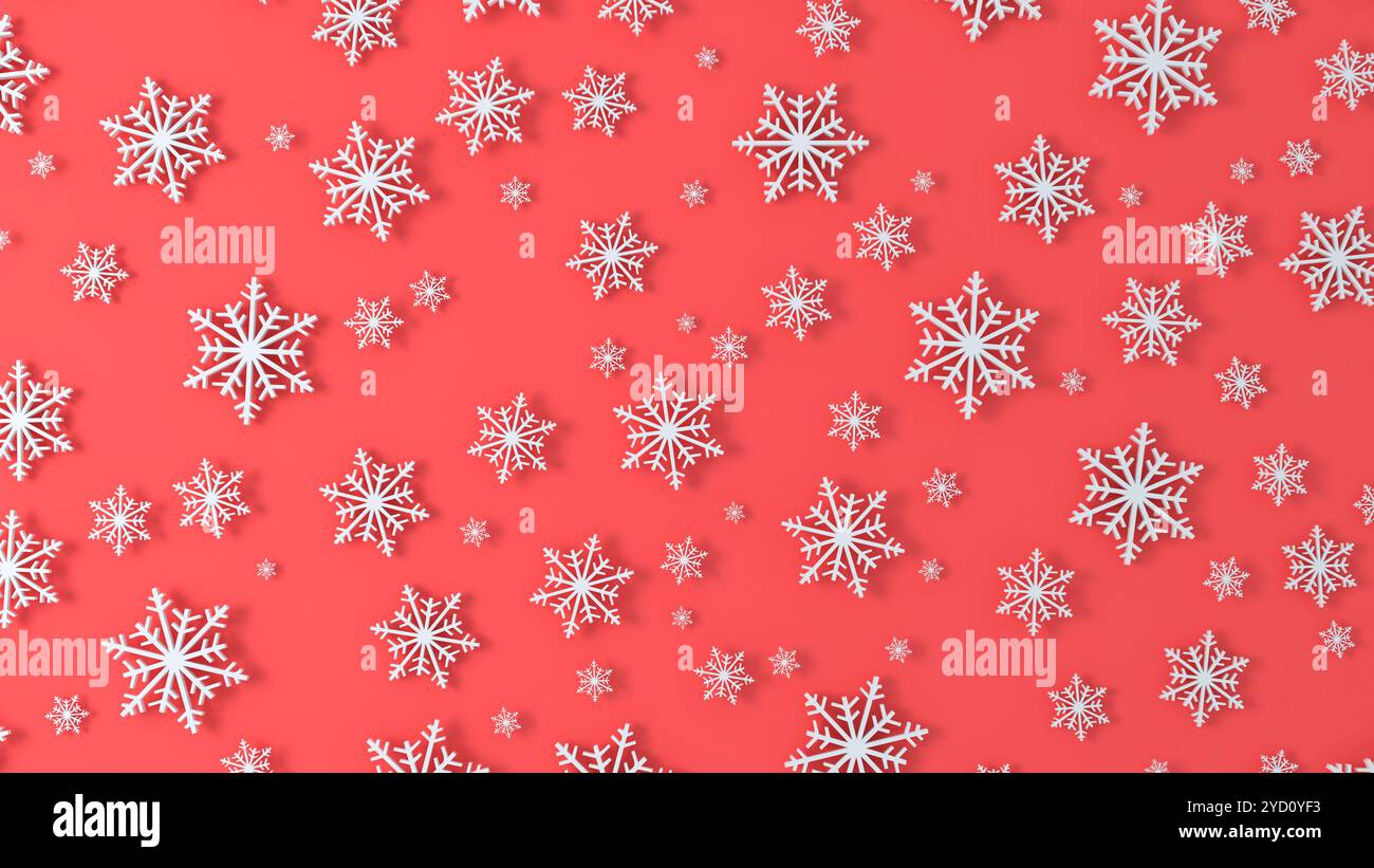 Detaillierte weiße 3D-Schneeflocken auf rotem Hintergrund Stockfoto