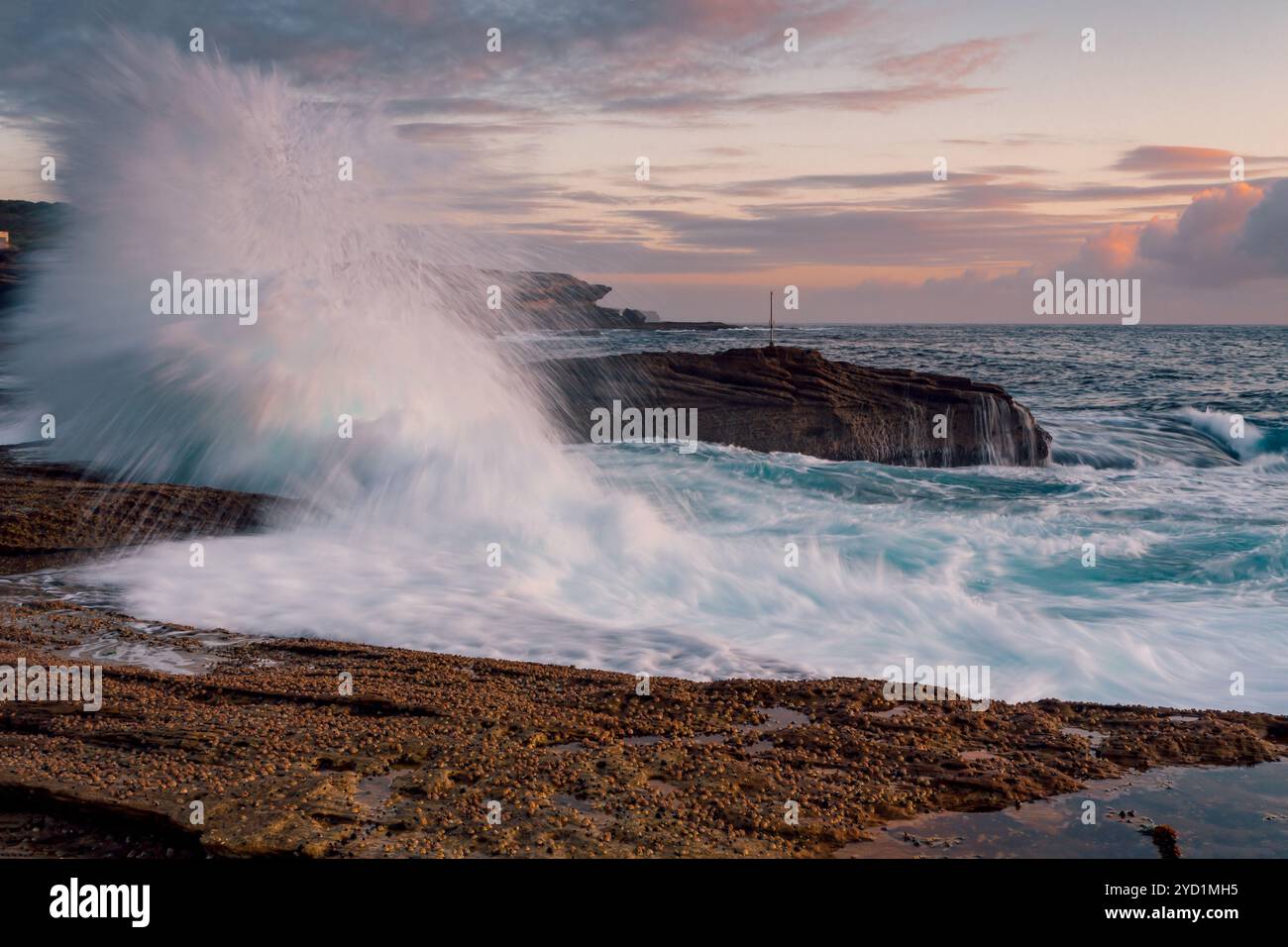 Die Wellen sprudeln hoch auf den Küstenfelsen bei Sonnenaufgang Stockfoto