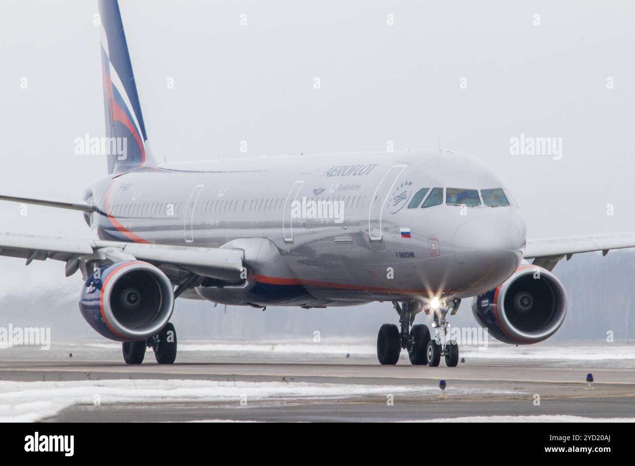 Flugzeug am Flughafen im Winter. Flugzeug am Flughafen. Russischer Flughafen. Offizielle Winterbeobachtung in Pulkovo am 19. Februar 2019. Stockfoto