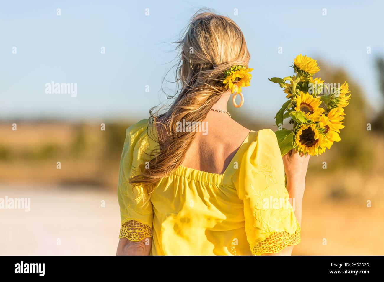 Frau mit einem Haufen wunderschöner Sonnenblumen in der ländlichen Landschaft Stockfoto
