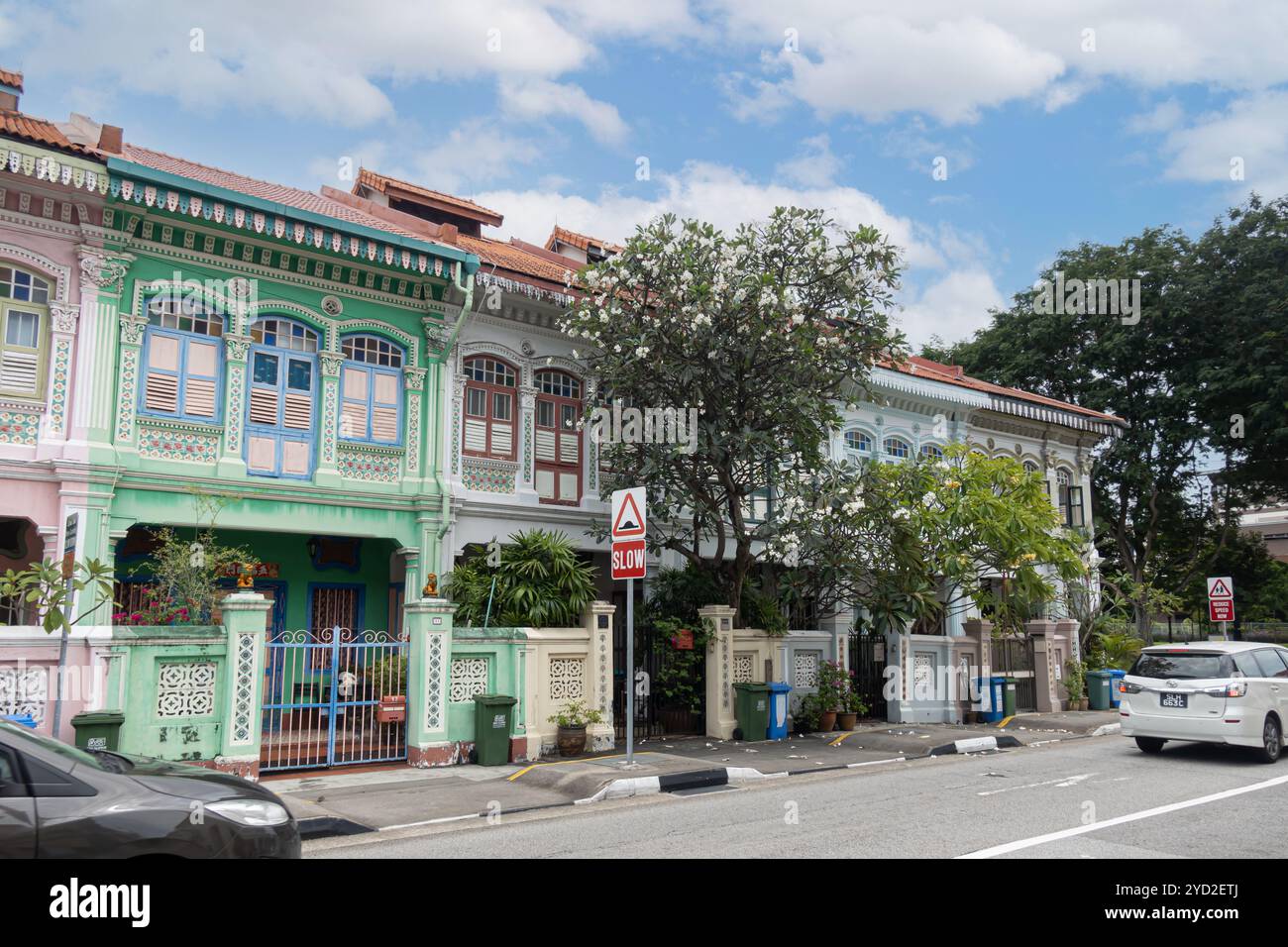 Bäume, Pflanzen, Peranakan-Häuser in Singapur, Katong-Joo Chiat, Koon Seng Road, Stockfoto