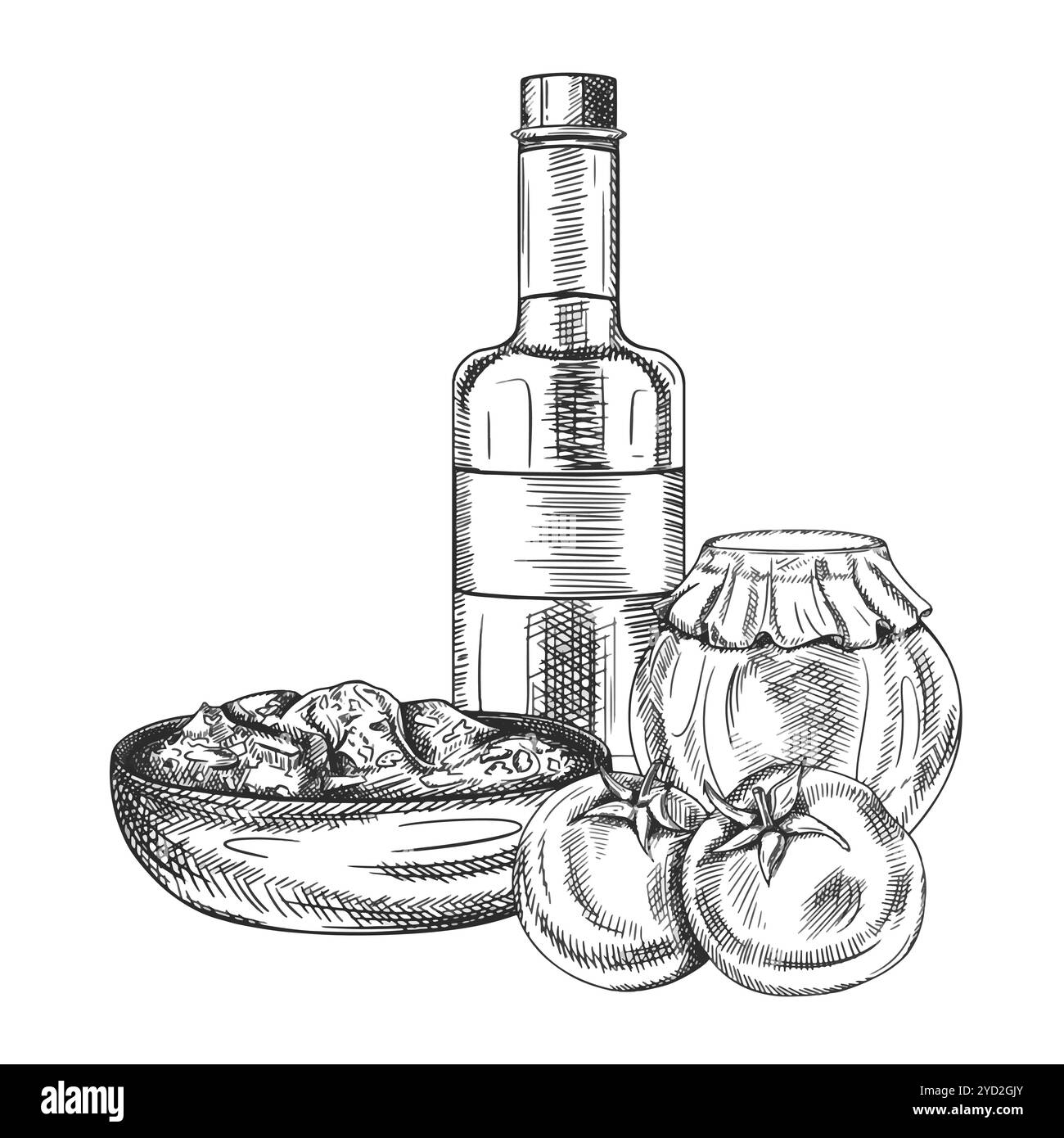Vektor-Illustration mit Tomatensaucen, Glasgläsern und Teller. Küchenutensilien, Werkzeuge, Geschirr. Zutaten zum Kochen, landwirtschaftliche Produkte. Handgezogene Illu Stock Vektor