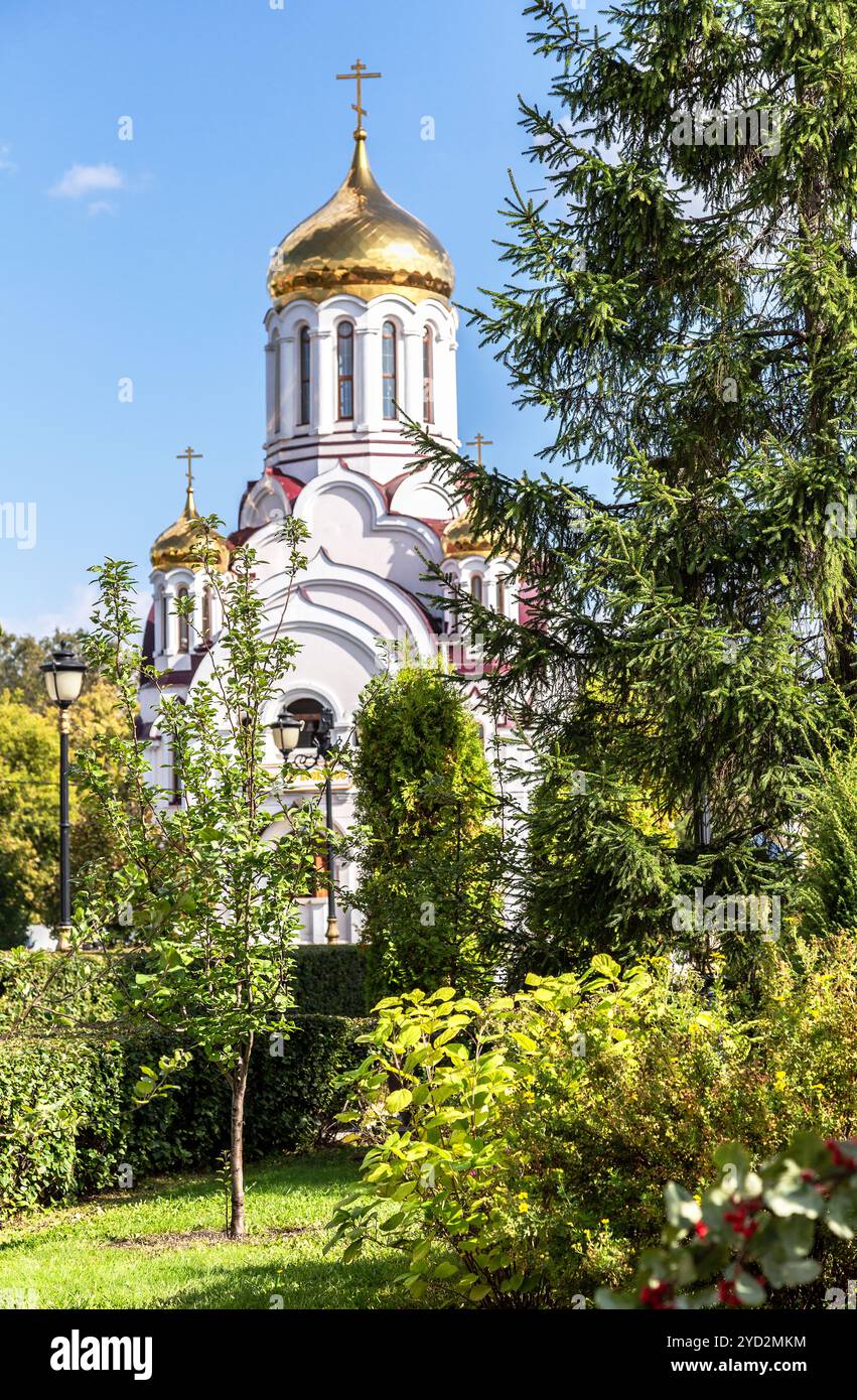 Bäume wachsen auf dem Hintergrund der orthodoxen Kirche Stockfoto