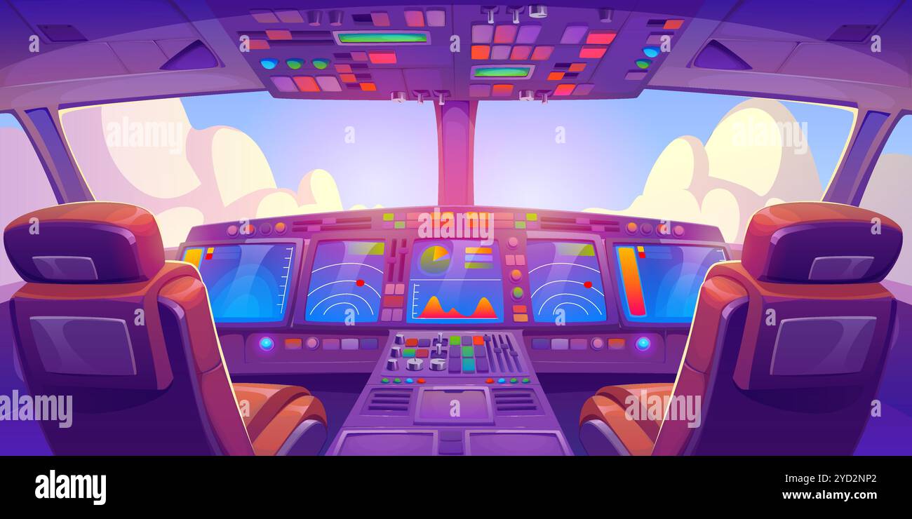 Flugzeugcockpit, Pilotenkabine Innenraum mit Armaturenbrett auf dem Flugdeck mit Navigationsmonitoren, Bedientafel, Sitzen für Piloten und Fenster mit Blick auf den bewölkten Himmel. Karikaturvektor zivile Luftfahrt Stock Vektor